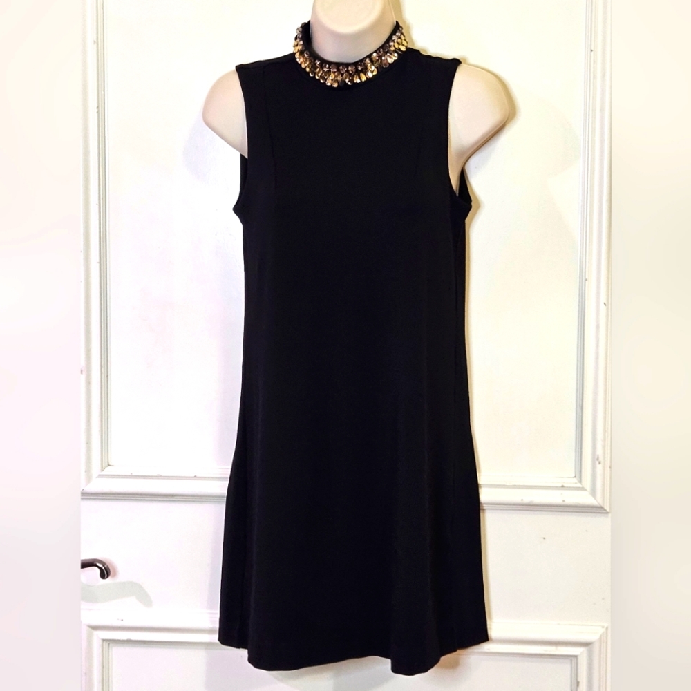 H&M Black Sleeveless Mini Dress with Gold Rhinestone Mockneck, X-Small